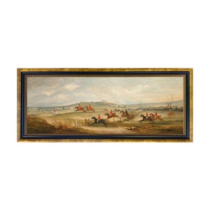 May include: A vintage oil painting depicting a group of riders in red coats on horseback, galloping across a grassy field with a fence and a gate in the foreground. The riders are part of a hunt, with a cloudy sky in the background.