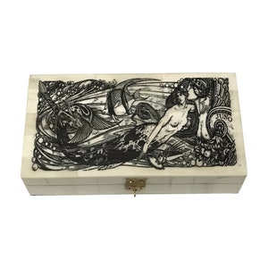 6-1/4&quot; Mermaid with Goddess Juno Engraved Bone Box- Antique Vintage Style