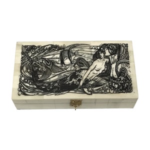 6-1/4" Mermaid with Goddess Juno Engraved Bone Box- Antique Vintage Style