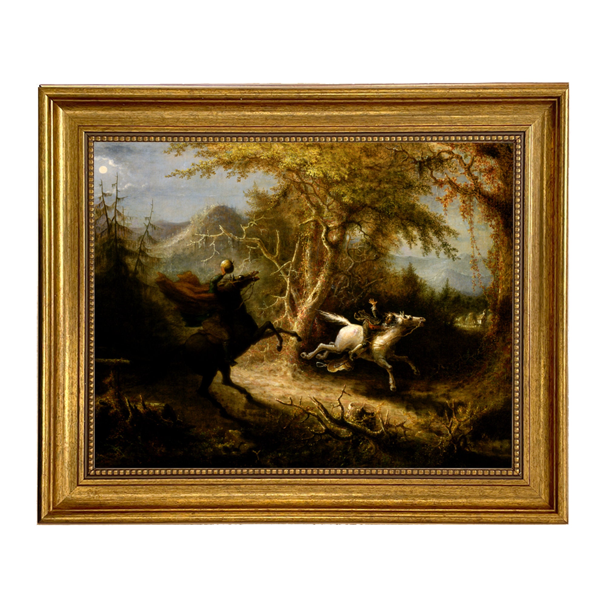 Headless Horseman Pursuing Ichabod Crane Framed Oil Painting Print on Canvas, Halloween Decor, Moody Wall Art, Literary Art, Dark Academia