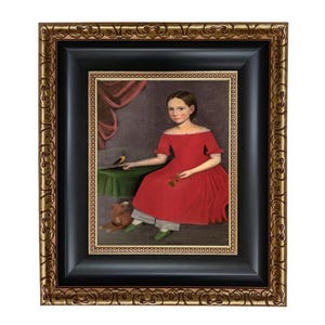 May include: Framed portrait of a young person in a red dress, seated with a bird on a table. The painting has a dark background and is framed in gold and black.