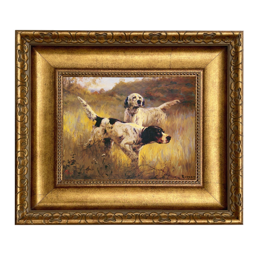 English Setters Oil Painting Print on Canvas in Wide Antiqued Gold ...