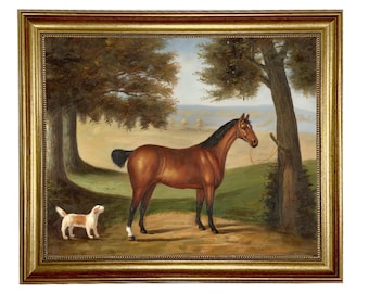 Horse and Dog in Landscape Oil Painting Print on Canvas in Antiqued Gold Frame