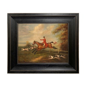 Fox Hunting Scene After J.N. Sartorius Oil Painting Print on Canvas in Distressed Black Wood Frame, English Equestrian, Fox Hunt Art