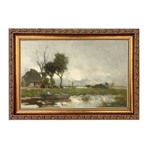 Dutch Landscape with Cottage Framed Oil Painting Print on Canvas, Spring Landscape, Neutral Landscape, Dutch Art, Landscape Print