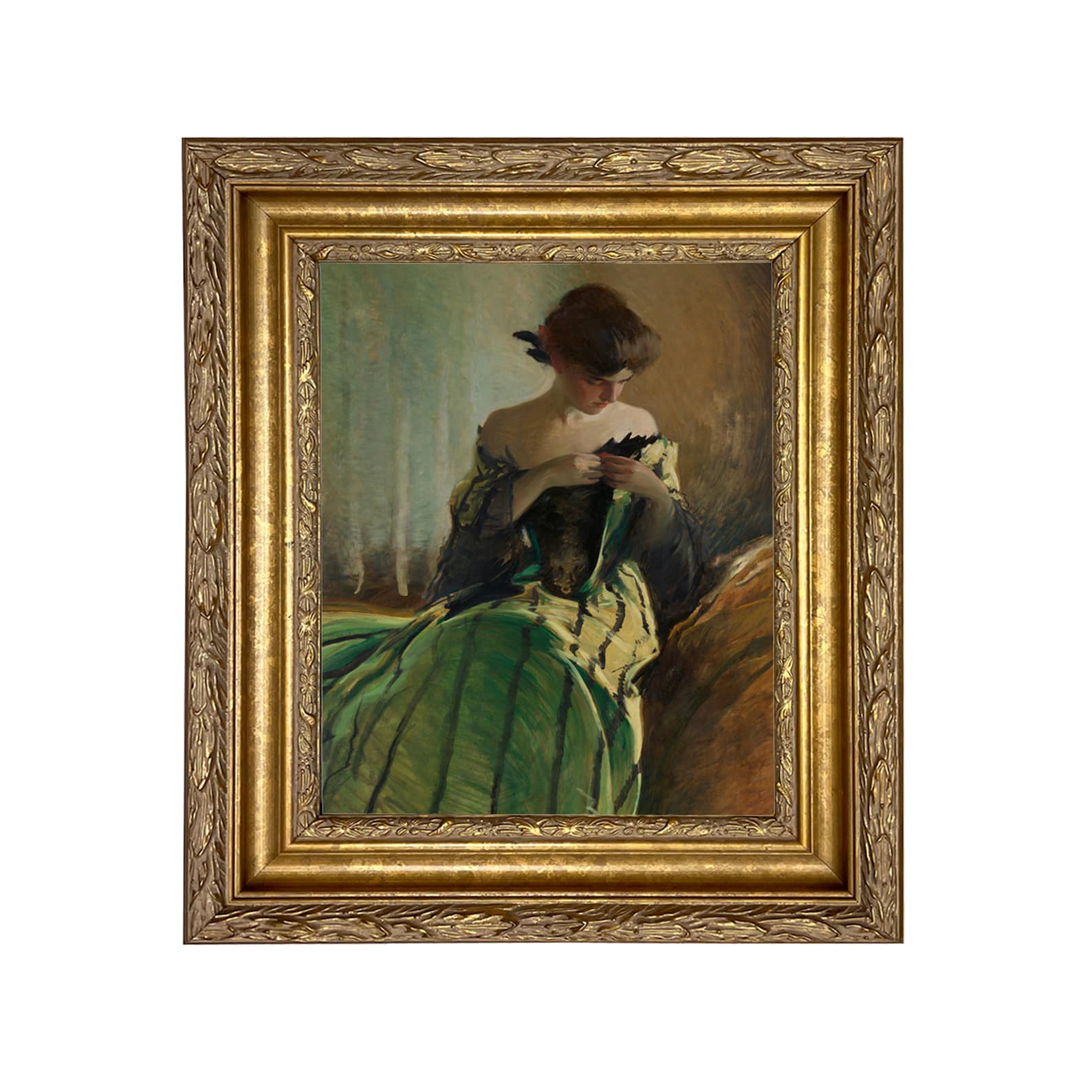 Portrait of Woman in Black and Green Dress Framed Canvas Print, Vintage ...