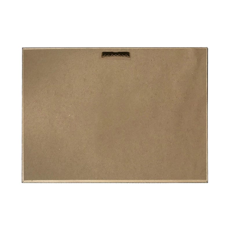 May include: The back of a brown framed picture with a metal hanging hook.