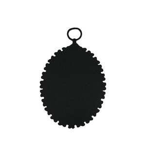 May include: Black oval-shaped pendant with a scalloped edge and a small ring at the top.