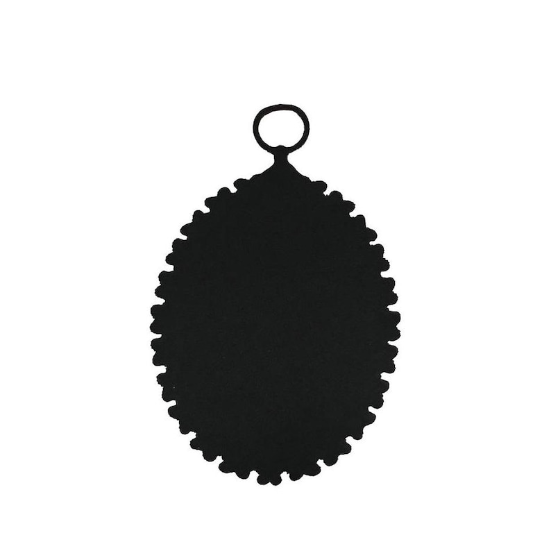 May include: Black oval-shaped pendant with a scalloped edge and a small ring at the top.