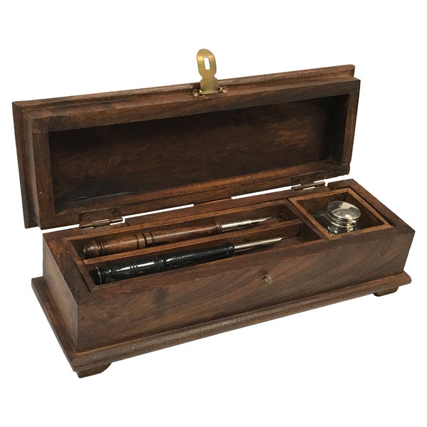 12" Colonial Distressed Wood Portable Writing Pen Box with Clear Glass Inkwell, Teak Wood & Ox Horn Pens, and Black Ink Powder