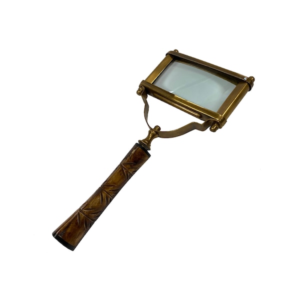 10-1/2" Rectangular Antiqued Brass Magnifier with Etched Horn Handle, Antique Vintage Reproduction, Antique Style Office Decor