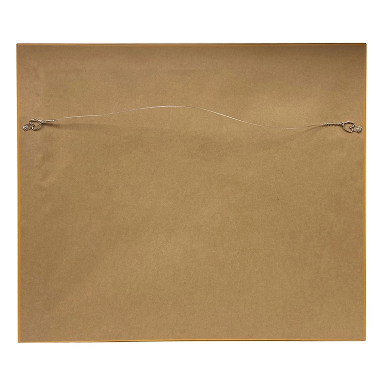 May include: The back of a framed picture with a brown cardboard backing and a wire hanging system.