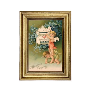 Two Cherubs Affectionate Greetings Antique 4x6" Valentine's Postcard Print Behind Glass in Gold Frame
