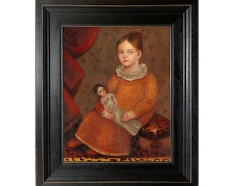 Folk Art Portrait, Girl with Doll Framed Canvas Print, Primitive Decor, Early American