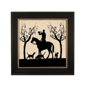 Huntsman and Bugle Framed Paper Cut Silhouette, Antique Style Silhouette, Fox Hunt Silhouette, Fox Hunt Wall Art