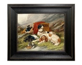 Guarding the Day 39 s Bag by John Gifford Hunting Dogs Framed Oil Painting Print on Canvas in Distressed Black Wood Frame