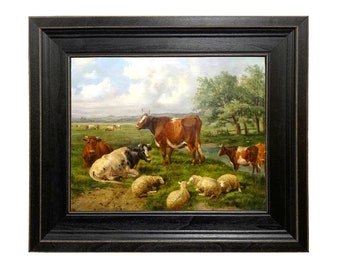 Impresión de pintura al óleo enmarcada de ovejas y vacas sobre lienzo,