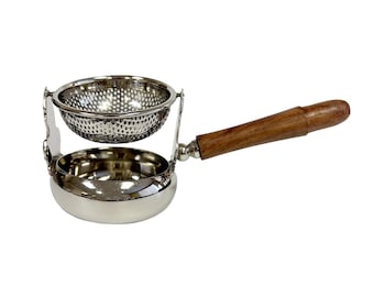 Colador de té de acero inoxidable y taza antigoteo con mango de madera, estilo vintage
