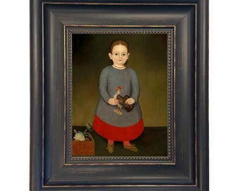 Primitive Folk Art Framed Canvas Print, Child with Rooster, Early American Decor