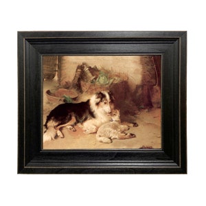 Motherless Lamb With Dog Framed Oil Painting Print on Canvas, Framed Dog Art, Vintage Art Print, Lassie and Lamb Print, Farmhouse Wall Art