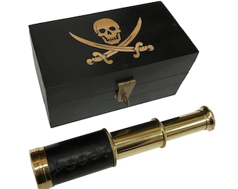 Pirate Captain Jack Rackham Flag Engraved Wood Box with Brass Telescope, Pirate Gift, Pirate Decor, Pirate Birthday Party, Mancave