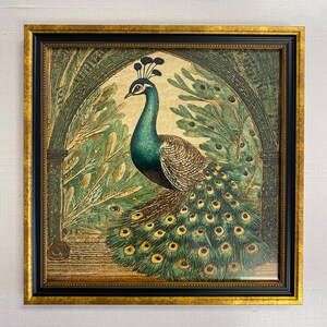 May include: A framed print of a peacock with its tail feathers spread out. The peacock is green and blue with gold accents. The background is a dark green and brown.