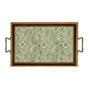 May include: Rectangular serving tray with a floral pattern in shades of green and cream. The tray has a gold-colored frame with black trim and bronze-colored handles on each side. The floral design is a repeating pattern of leaves and flowers.