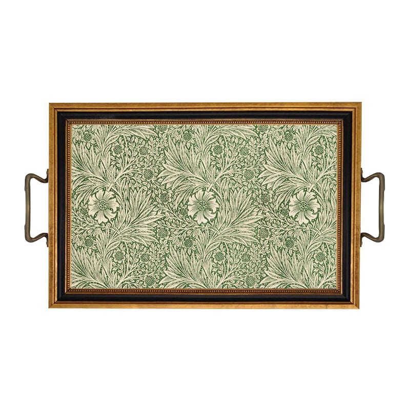 May include: Rectangular serving tray with a floral pattern in shades of green and cream. The tray has a gold-colored frame with black trim and bronze-colored handles on each side. The floral design is a repeating pattern of leaves and flowers.