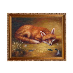 May include: A framed painting of a red fox lying down, with a detailed depiction of fur and facial features. The artwork features a warm color palette with a golden frame, and includes feathers and a small plant.