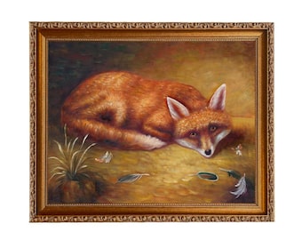 Framed Red Fox Canvas Print, Rustic Cabin Wall Art, Vintage Animal Art
