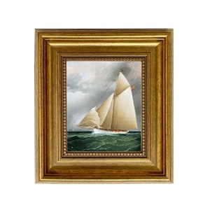 Racing Sloop Oil Painting Print on Canvas in Antiqued Gold Framed, Nautical Wall Art, Sailboat Print, Framed Sailboat Art