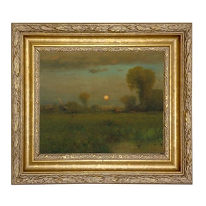 Harvest Moon Country Landscape Oil Painting Print on Canvas in Ornate Gold Frame