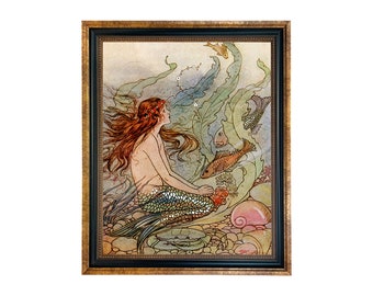 Mermaid Wishes Framed Art Deco Nautical Coastal Print Behind Glass