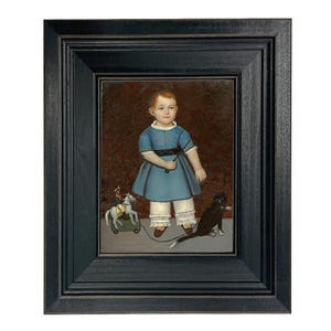 Boy with Toy Soldier Framed Oil Painting Print on Canvas, Primitive Style Folk Art, Early American Decor, Colonial Style Wall Art