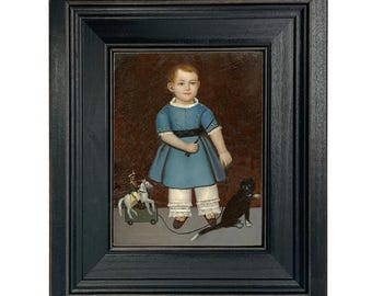 Primitive Folk Art Portrait, Boy with Toy Soldier Framed Canvas Print, Early American Decor