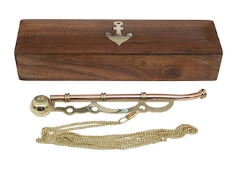 7-1/2" Antique Brass & Copper Bosun Whistle With Brass Chain In Solid Rosewood Storage Box