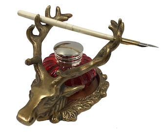 6-1/2" Antiqued Solid Brass Stag Head Inkwell Stand/Pen Holder Set, Antique Style Decor, Vintage Style Desk Accessories, Gift for Boss