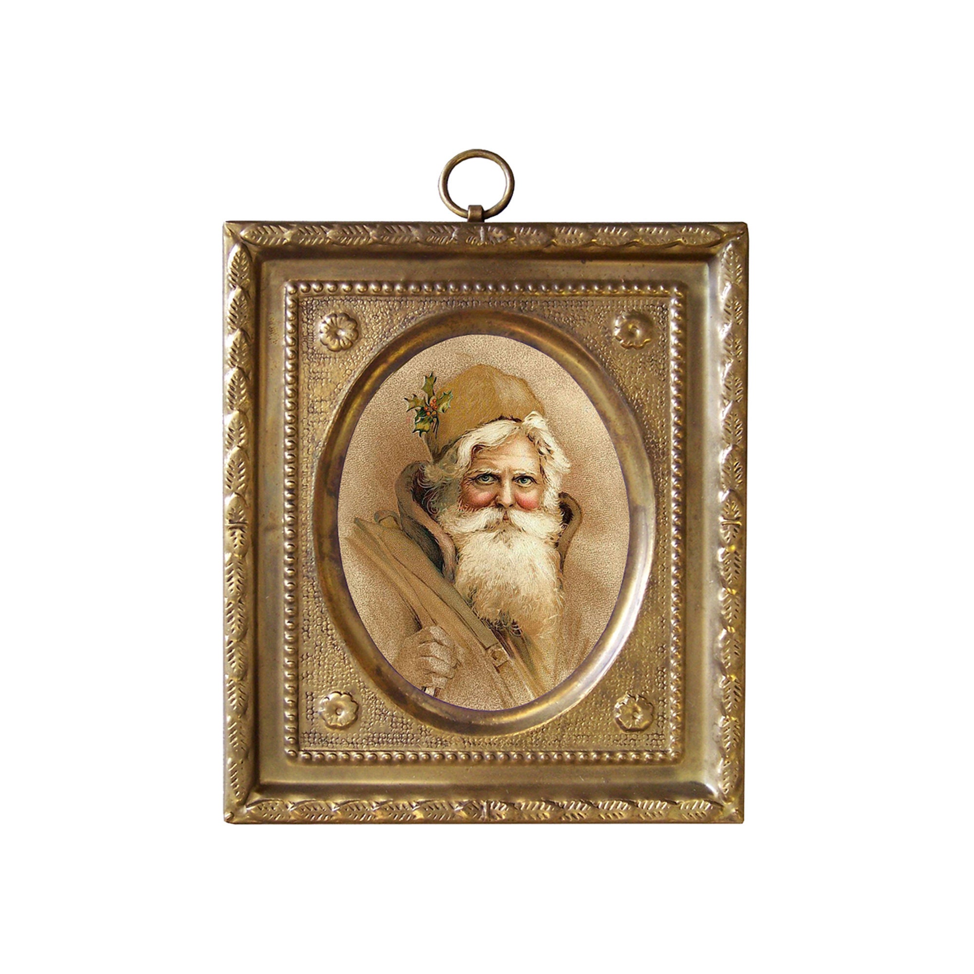 Father Christmas Print in 4-1/2" Embossed Brass Frame- Antique Vintage Style