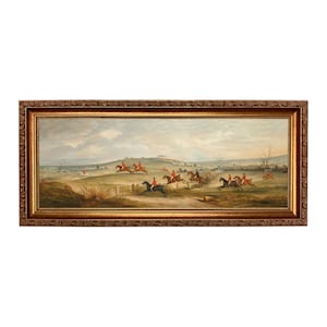 Quorn Hunt in Full Cry Fox Hunt Panoramic Landscape Scene Framed Oil Painting Print on Canvas, Thin Antiqued Gold Frame