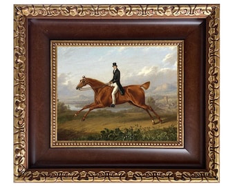 Caballero sobre un caballo castaño al galope, pintura al óleo enmarcada, impresión sobre lienzo, decoración campestre inglesa, arte mural ecuestre, arte mural de galería