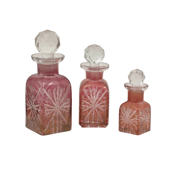 Set of Victorian Hand-cut Rose Colored Glass Perfume Bottles