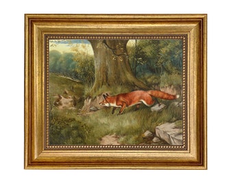 Fox Hunting Rabbits Framed Canvas Print, Vintage Fox Art, Cabin Decor