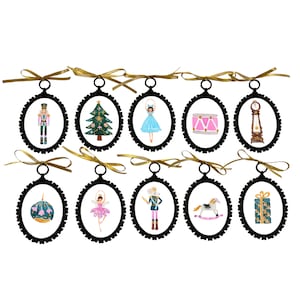 May include: Ten black oval frames with gold ribbon, each containing a different Christmas-themed illustration. The illustrations include a nutcracker, a Christmas tree, a ballerina, a drum, a grandfather clock, a Christmas ornament, a ballerina, a nutcracker, a rocking horse, and a gift box.