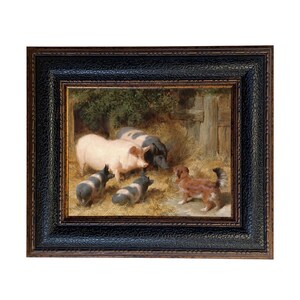 May include: Framed painting depicting a farm scene with pigs and dogs. The artwork features a light pink pig, black and white spotted pigs, and a brown and white dog. The painting is set in a barn with hay and a wooden door, framed in a black textured frame.