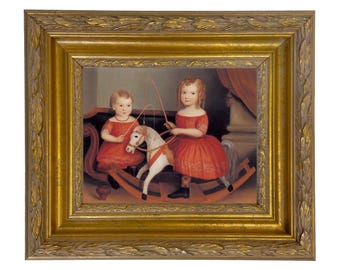 Framed Folk Art Canvas Print, Two Children with Rocking Horse