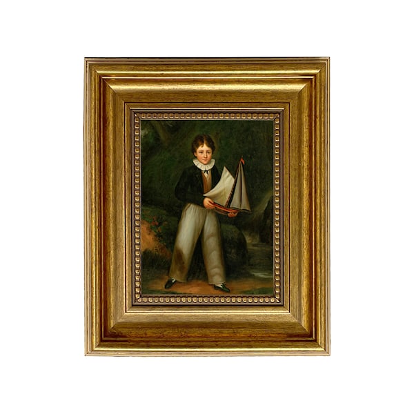 Young Boy Holding Pond Boat Framed Oil Painting Print on Canvas in Antiqued Gold Frame