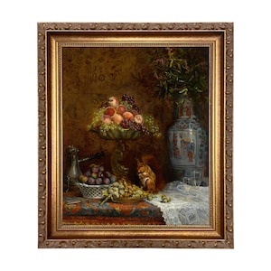 Stilleven met fruit en eekhoorn ingelijst olieverfschilderij op doek, Frans stilleven, stillevenkunst, kunst aan de muur galerij, antieke stijl