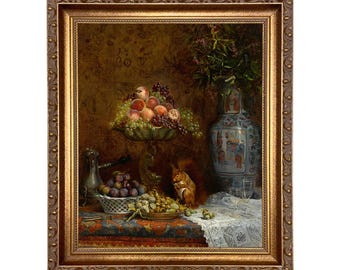 Cuadro enmarcado con imagen de una ardilla y una naturaleza muerta con frutas, reproducción de una pintura al óleo francesa.