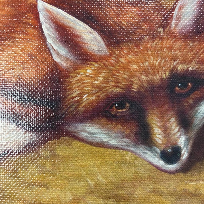 May include: Close-up of a detailed painting of a red fox. The fox's fur is a mix of orange, brown, and white, with a textured appearance. The fox's eyes are dark and focused, and the background is a soft yellow.