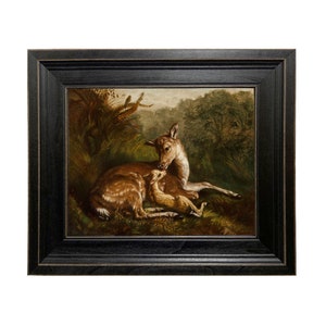 Pintura al óleo enmarcada de ciervo y cervatillo, impresión sobre lienzo, arte de vida silvestre, impresión enmarcada de vida silvestre, impresión vintage de ciervo, decoración rústica de cabaña